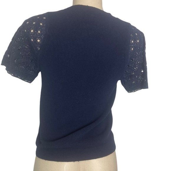 J.CREW Women's Eyelet Lace Sleeve Cotton Knit Navy Short Sleeve Sweater Small - Picture 8 of 11